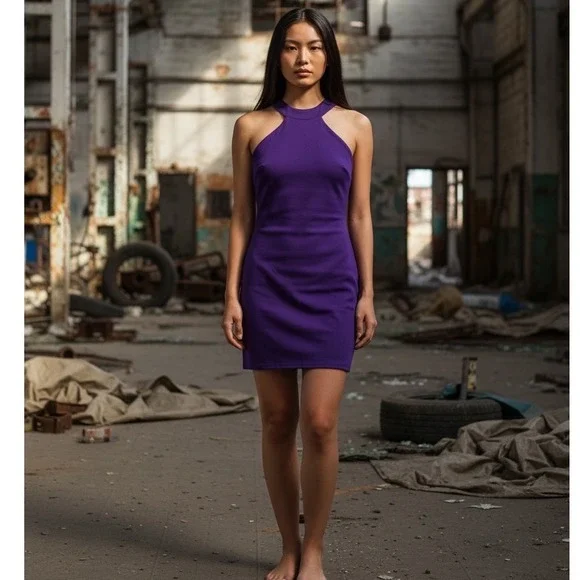 Bebe Womens Purple Halter Neck Cut Out Shoulder Bodycon Mini Dress Small NWOT - Picture 3 of 9